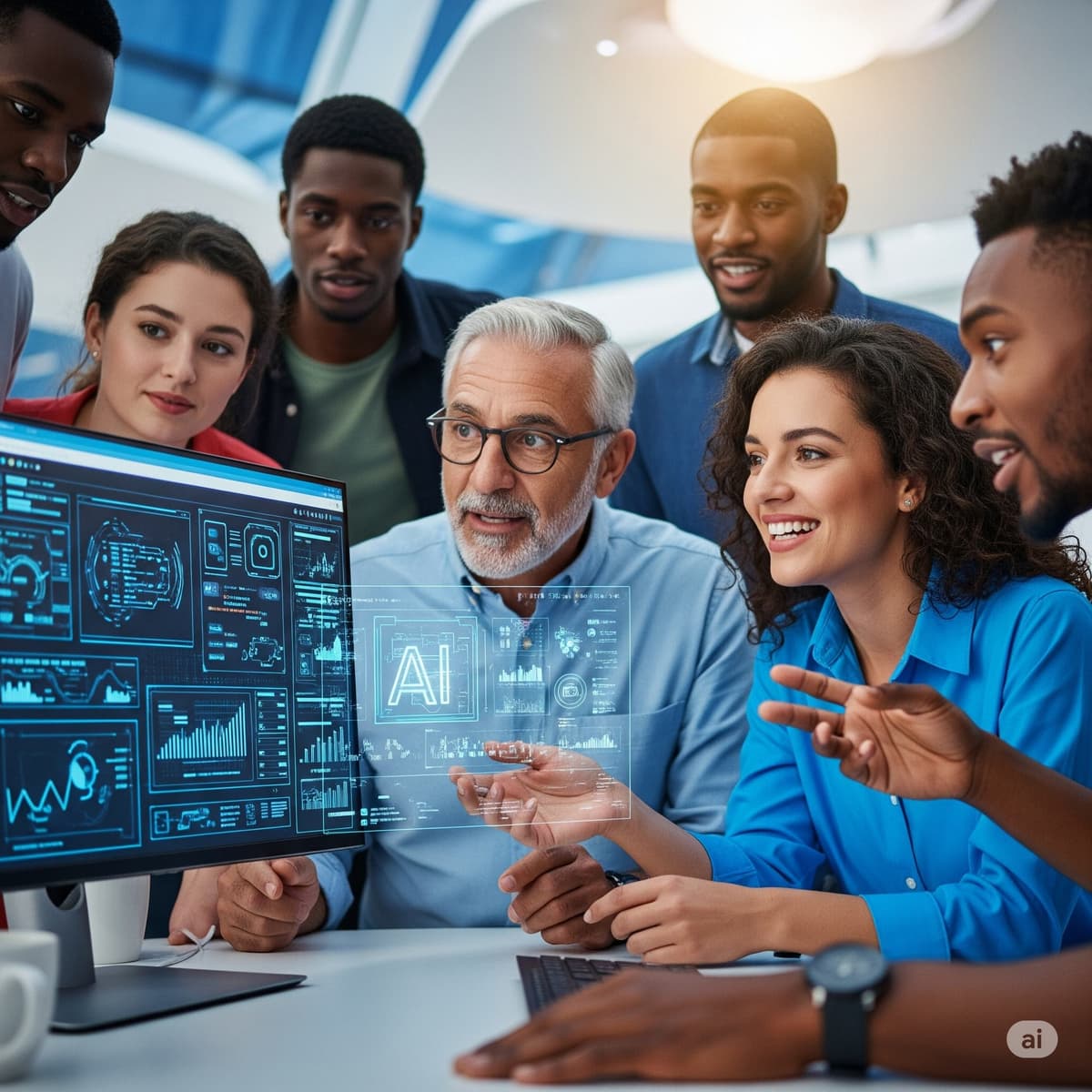 Diverse team collaborating on AI technology and data analytics